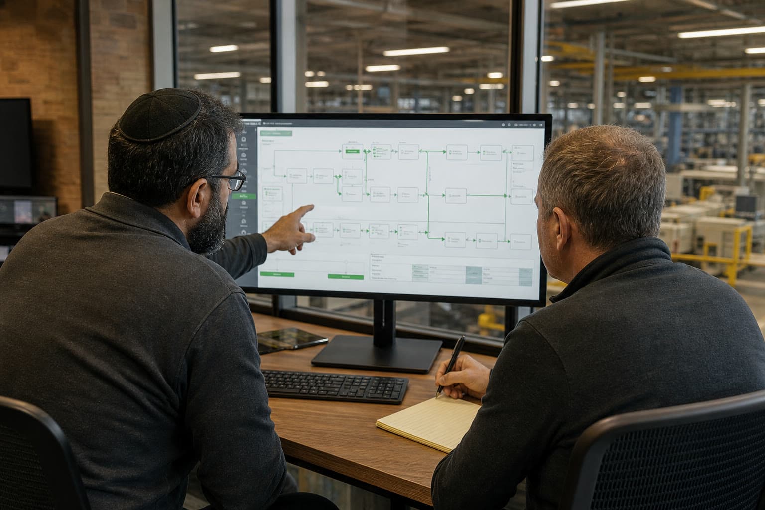 AI-generated editorial illustration of two operations engineers reviewing a workflow on a factory-floor monitor