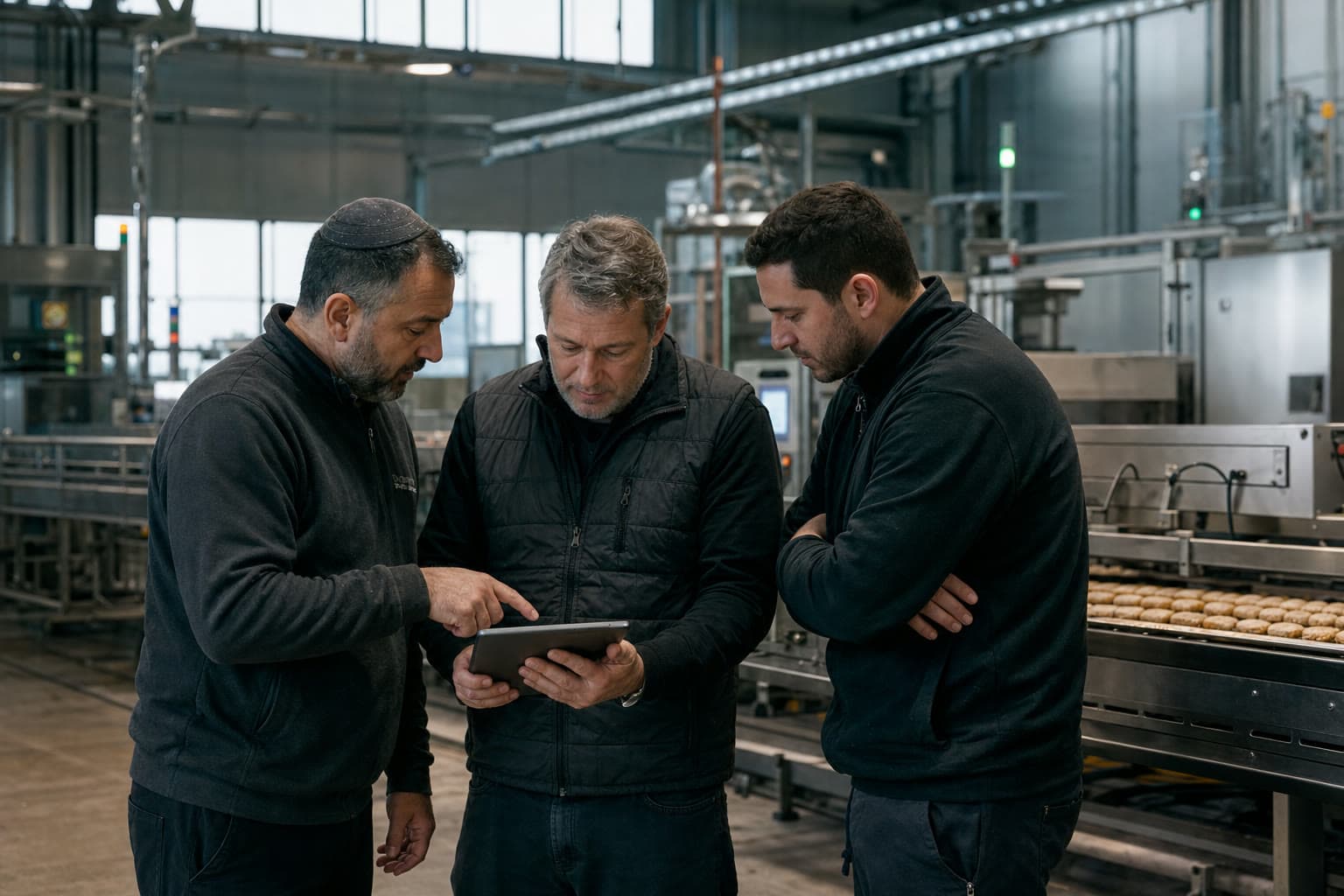 AI-generated editorial illustration of three manufacturing colleagues reviewing a tablet beside a production line