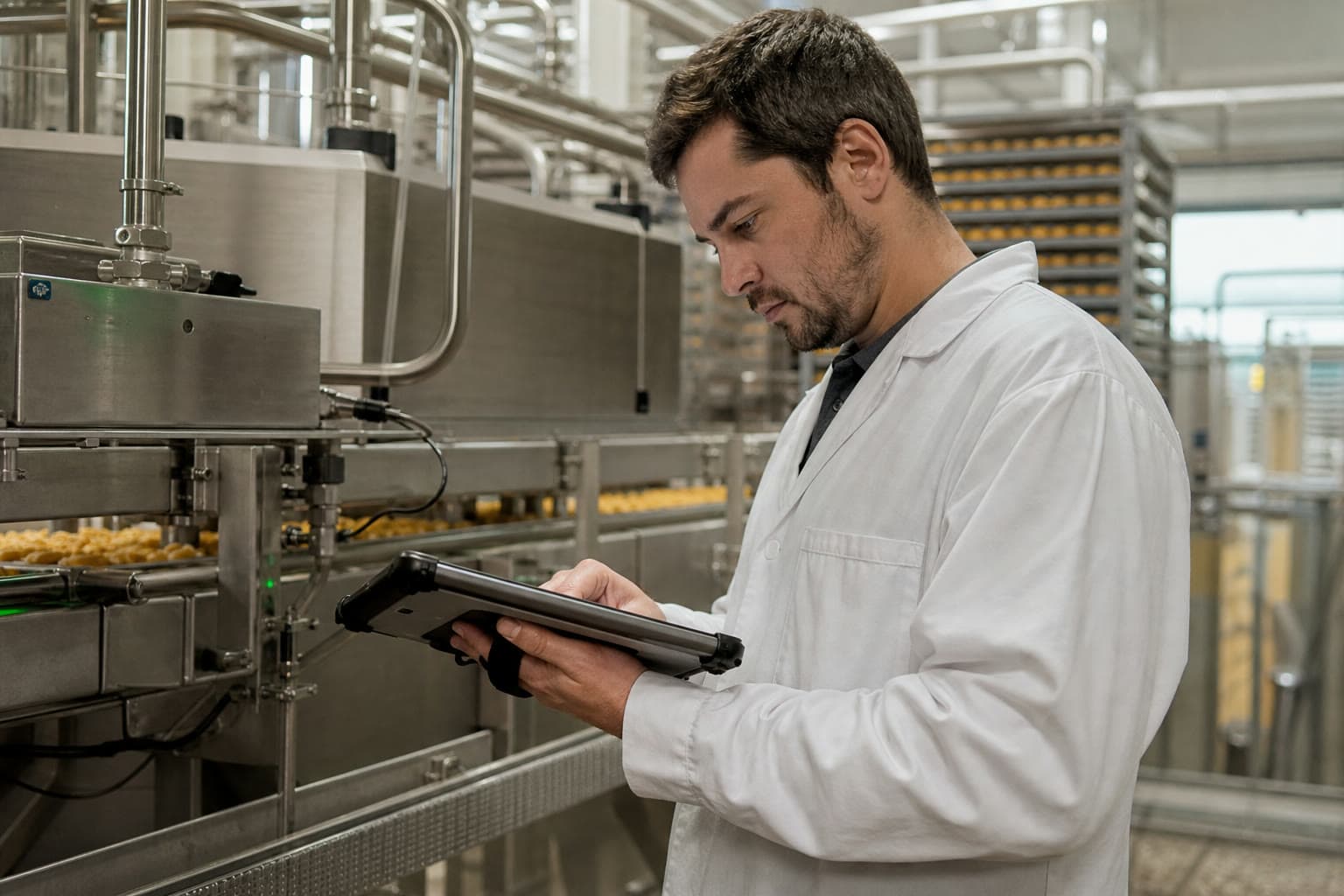 AI-generated editorial illustration of a production engineer checking equipment with a handheld tablet